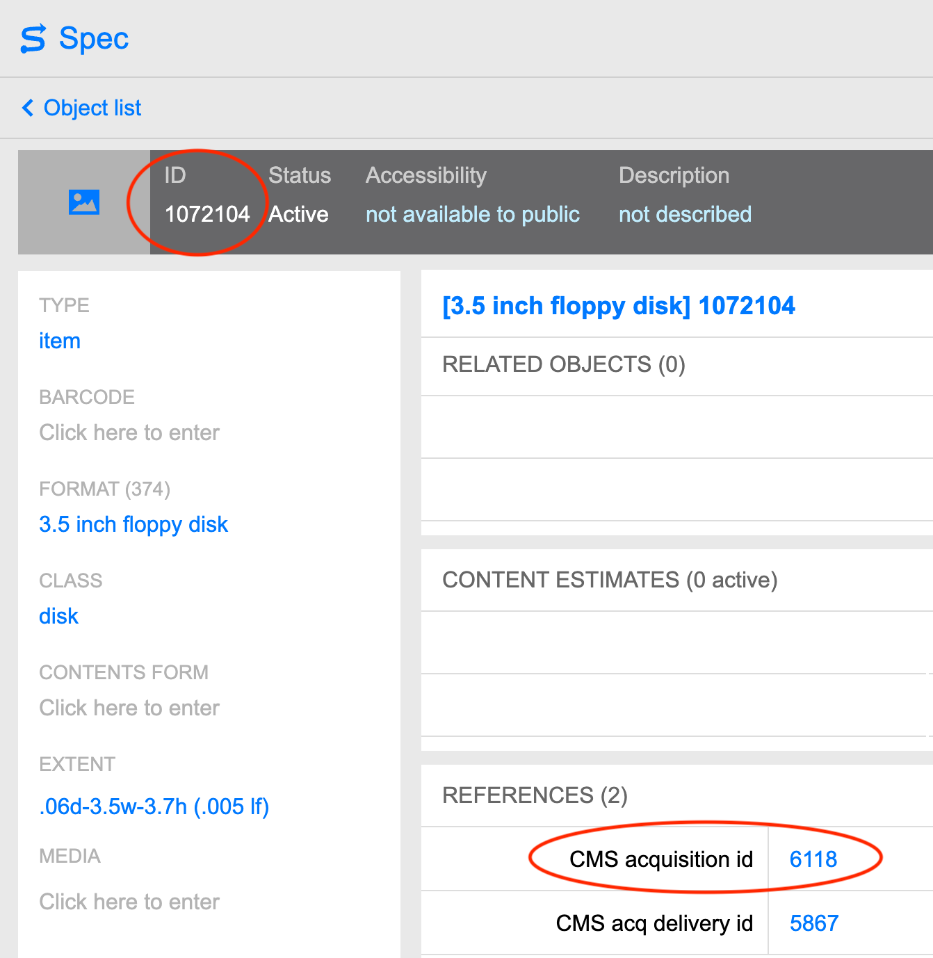 Screenshot of SPEC object record with SPEC object ID circled in top left and acq ID circled in bottom right