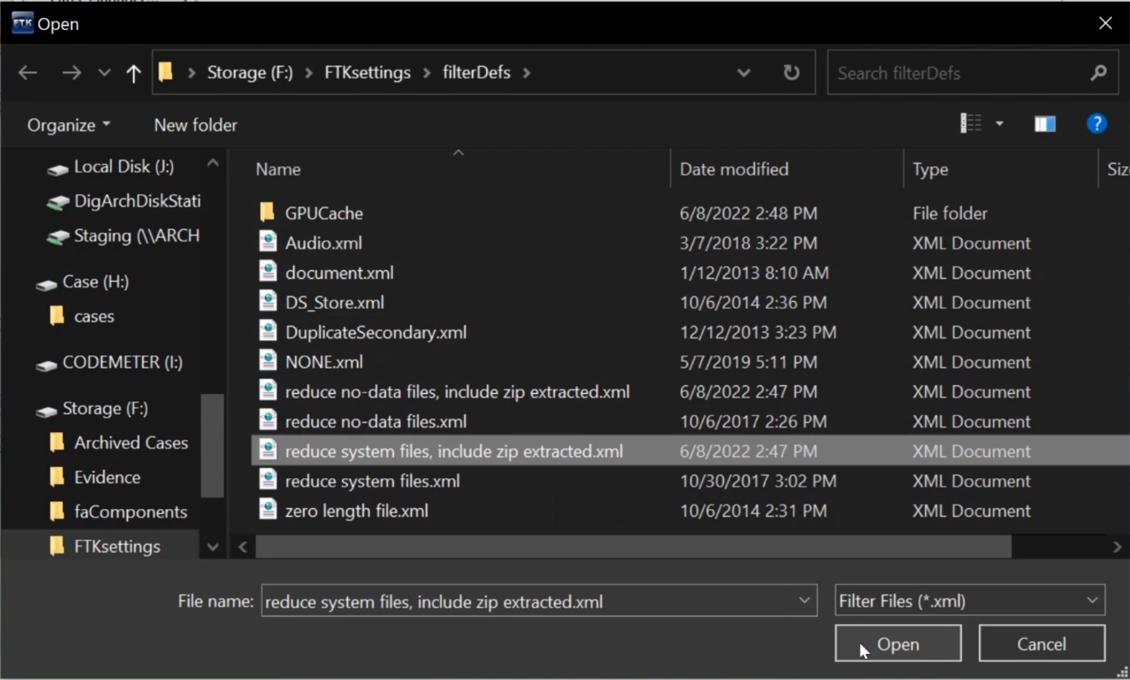 A File Explorer window of Storage/FTKsettings/filterDefs with a XML file highlighted and the cursor on the open button