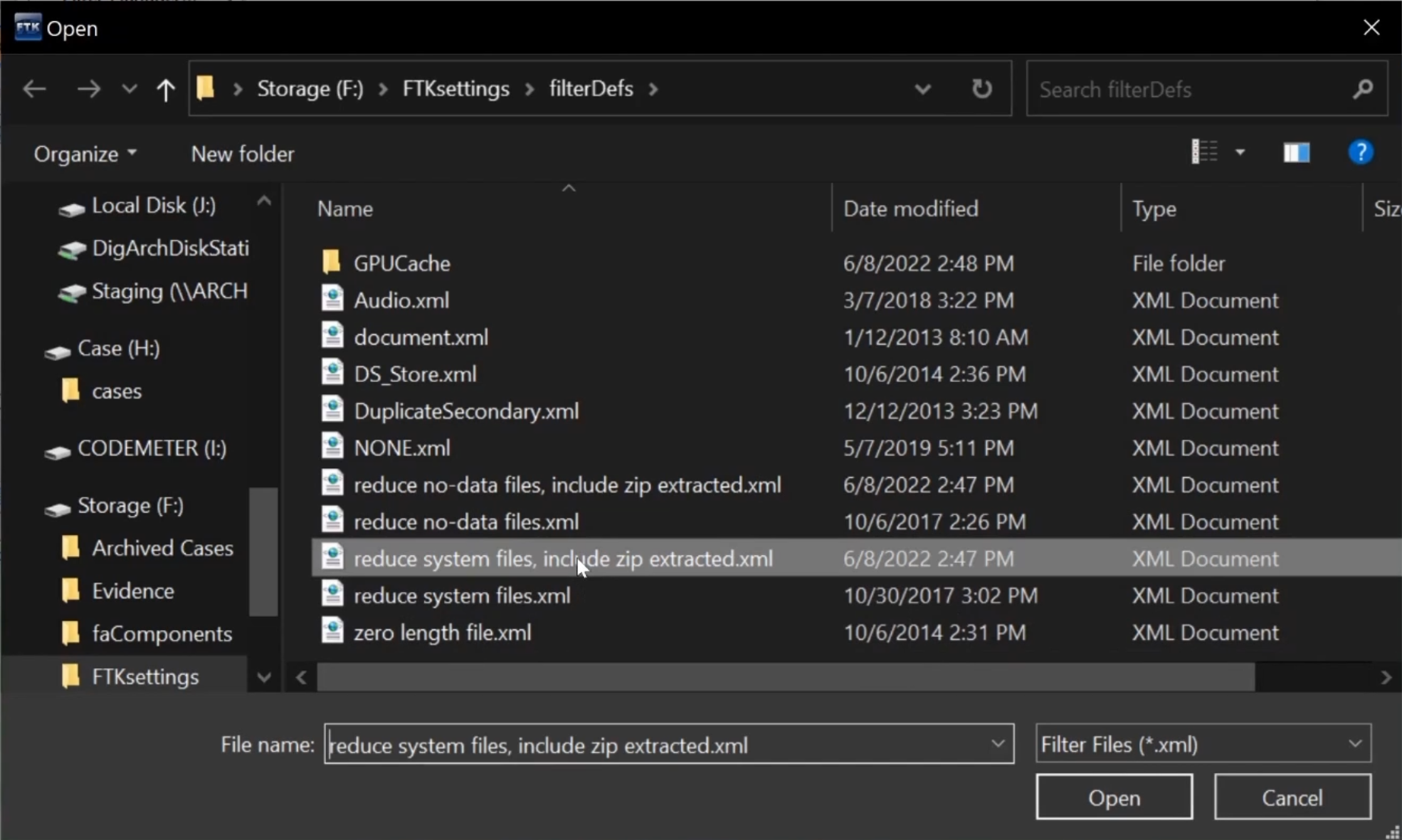 A File Explorer window of Storage/FTKsettings/filterDefs with a XML file highlighted