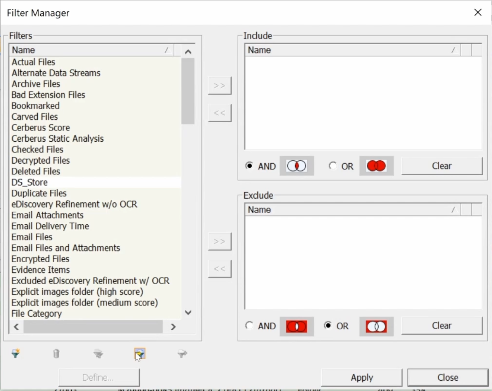 FTK Filter Manager window with filters listed on the left and funnel icons on bottom left.