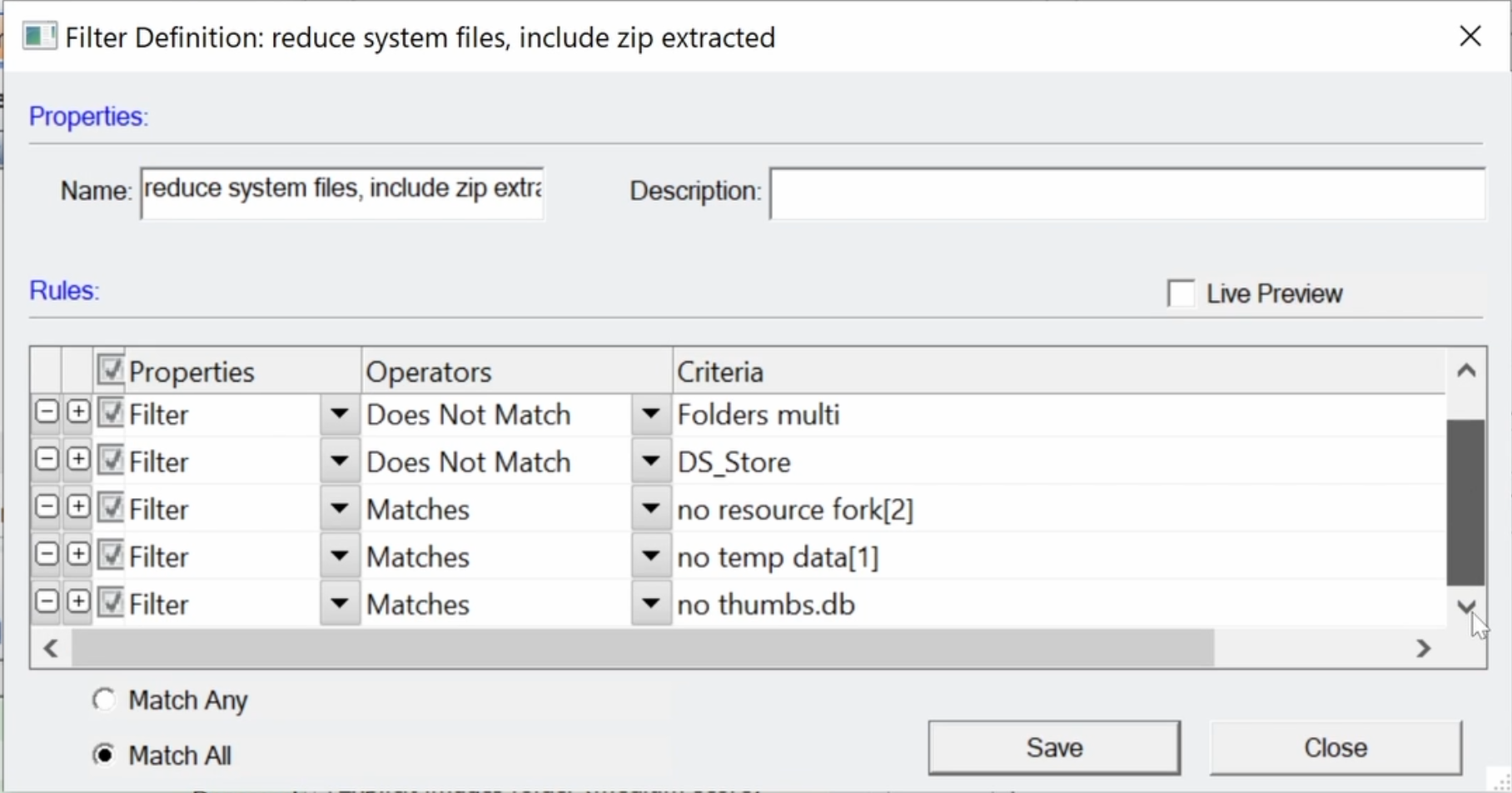 Filter Definition window displaying "include zip extracted" filter