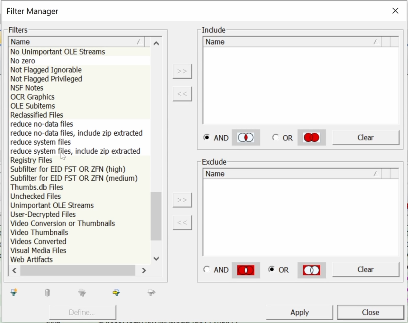 Filter Manager with "include zip extracted" filters displayed