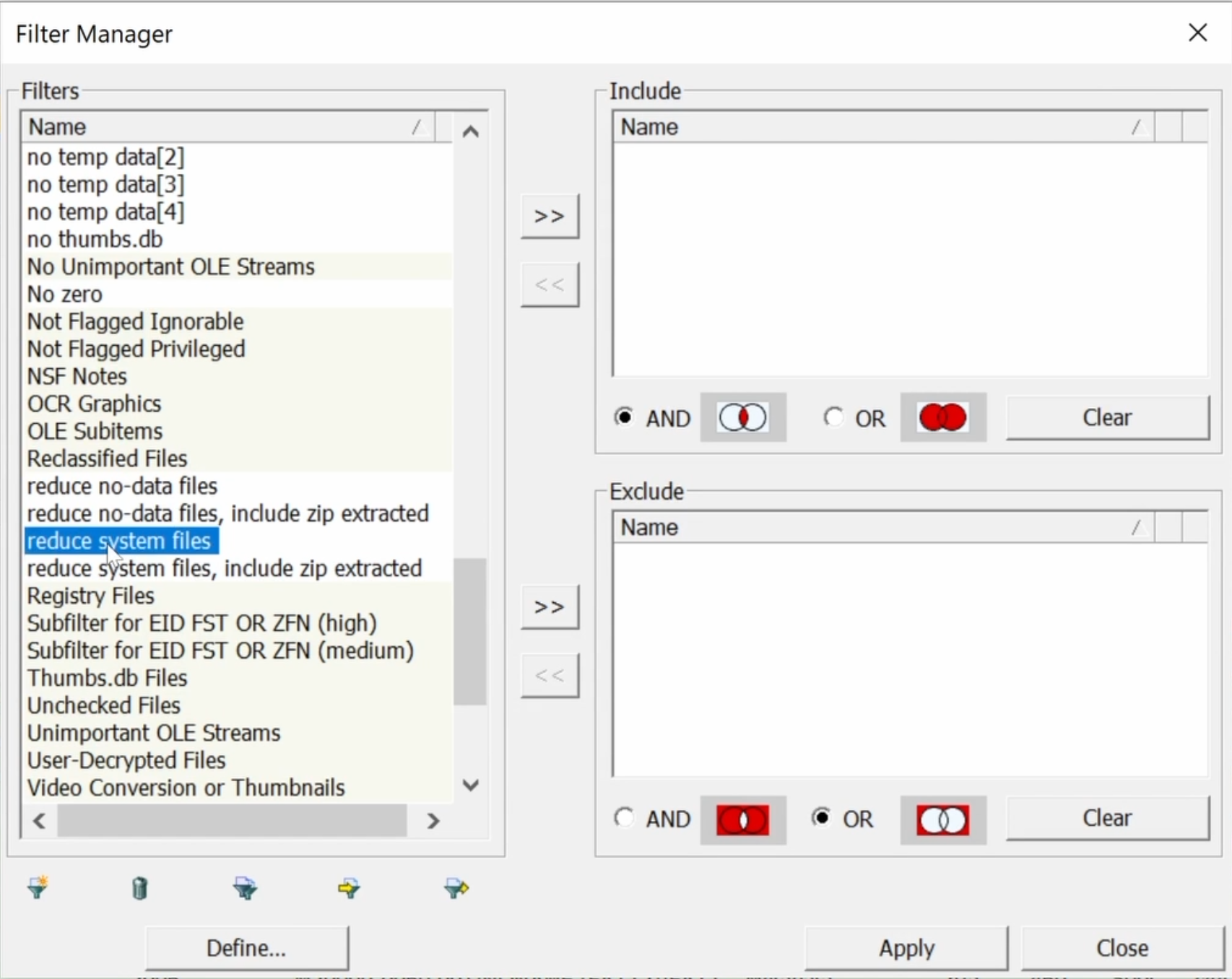 Filter Manager window with reduce system files filter highlighted
