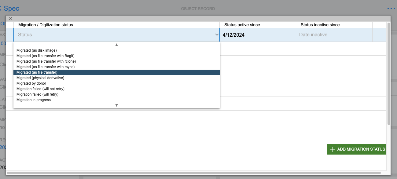 migration status dropdown