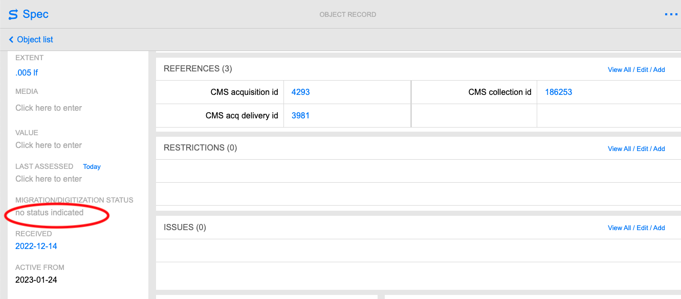 MIGRATION/DIGITIZATION STATUS in object record