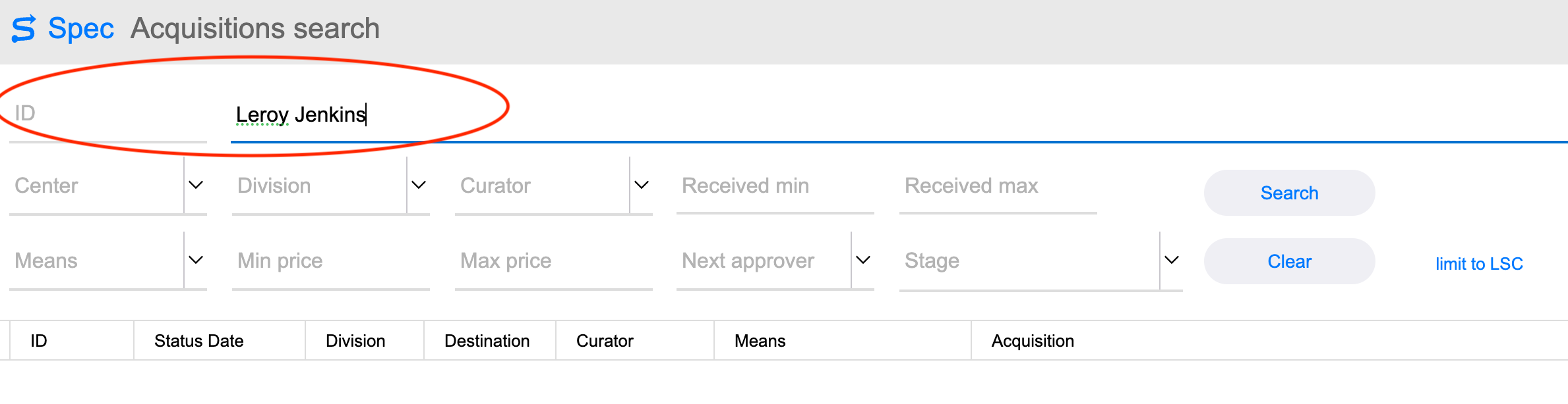 SPEC acquisition search