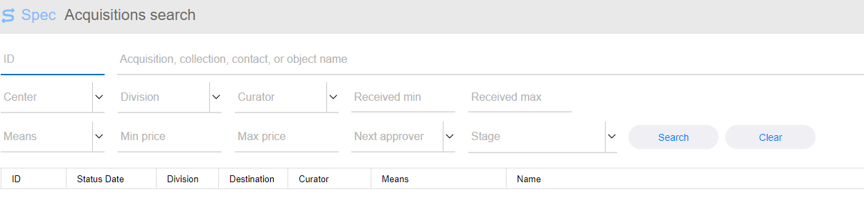 SPEC acquisition search screen